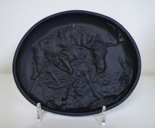 Black Satin Tiffin Glass Moose and Wolf Dish