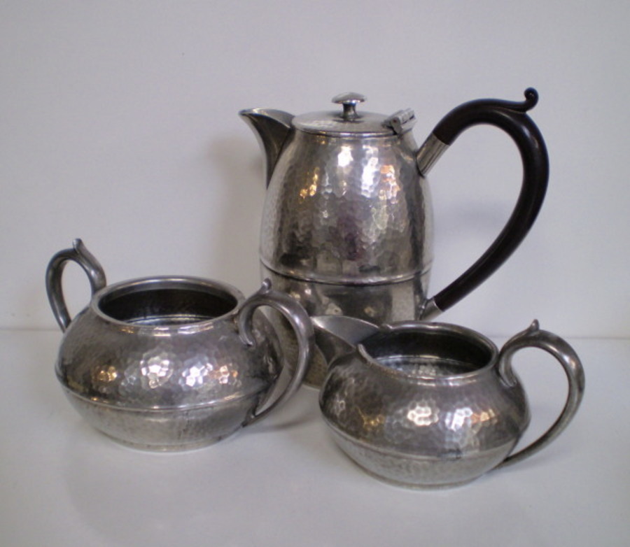 Arts and Crafts Pewter hot water pot, cream and sugar by Civic