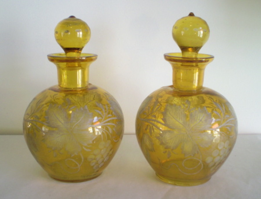 Etched Pair Amber/Yellow Perfume Bottles